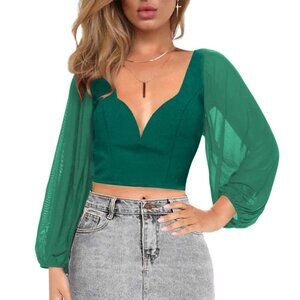 Off Shoulder Chiffon Blouse Sexy Long Sleeve Shirt  - Backless Darkgreen